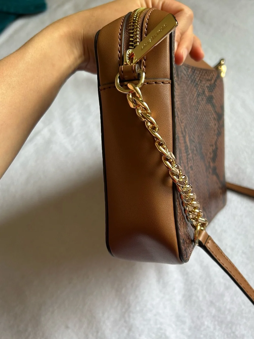 Michael Kors Tan Brown Snake-Print Crossbody with Gold Chain